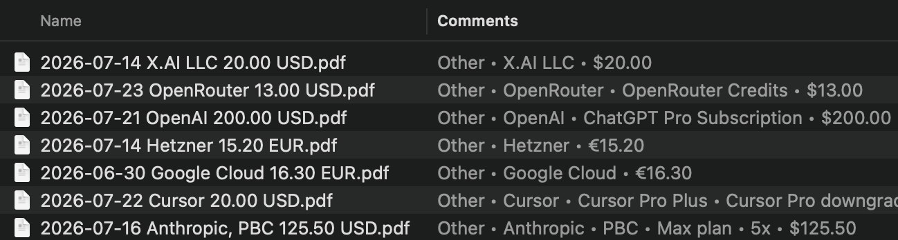 Finder window showing organized receipt PDFs with dates, vendors, amounts, and extracted metadata