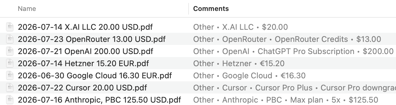 Finder window showing organized receipt PDFs with dates, vendors, amounts, and extracted metadata