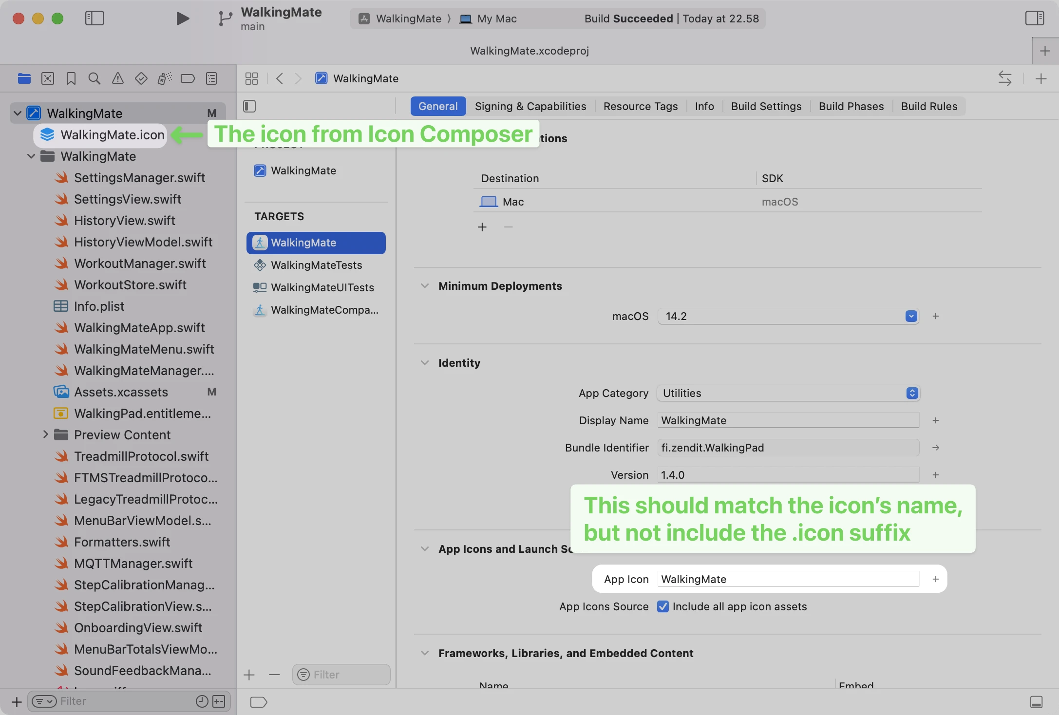 Xcode project settings showing WalkingMate.icon in the file navigator and App Icon field set to WalkingMate without the extension