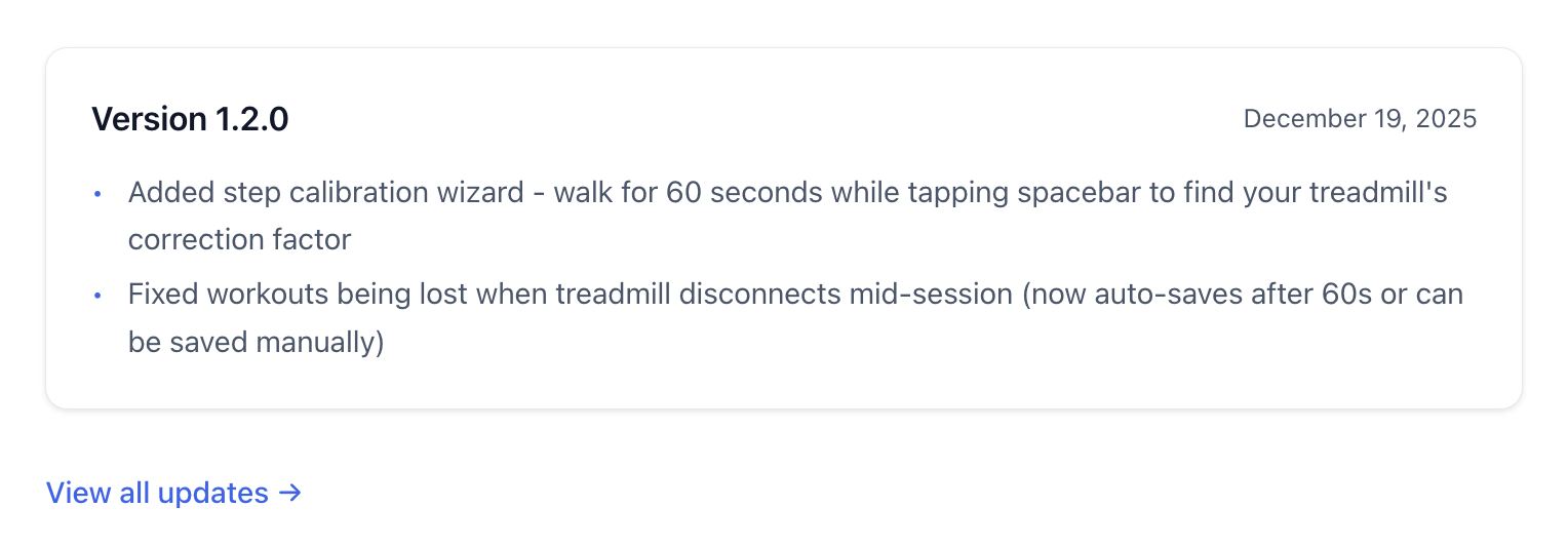 WalkingMate changelog rendered on the frontpage
